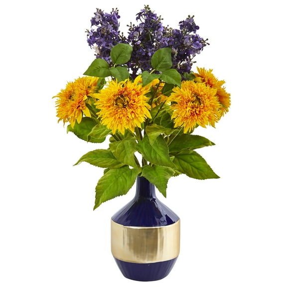 Nearly Natural Sunflower and Lilac Artificial Arrangement in Blue and Gold Vase