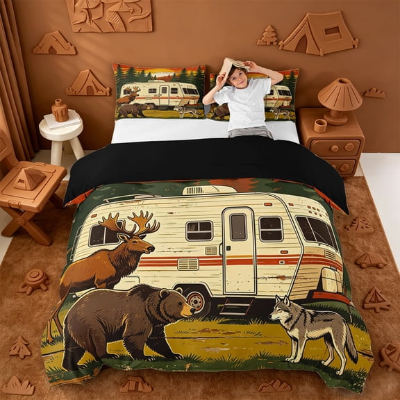 Catabedysis Retro Camping Bedding,Wildlife Print Duvet Cover Full For Boys,Multicolor,Black Reversible,3 Pieces,1 Duvet Cover and 2 Pillowcases