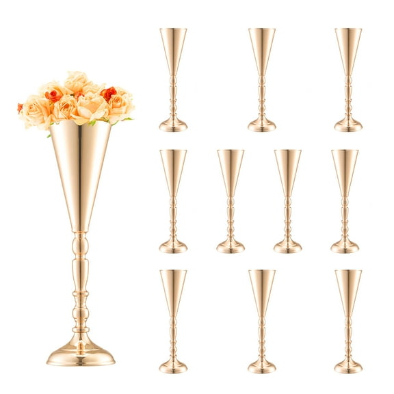 VEVOR 10PCS 43cm/16.9” Tall Wedding Flower Vase, Metal Wedding Trumpet Centerpiece, Gold Floral Stand Display Rack for Tables Wedding Dinner Party, Anniversary Ceremony Birthday Event Decor