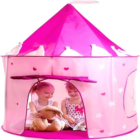 BESTSKY Play Tent Princess Castle Pink-Features Glow in the Dark Stars-Portable-Kids Pop Up Tent Foldable into a Carrying Bag-Indoor and Outdoor Use