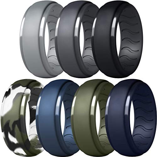Rubber Ring Bands For Men 1-4-7 Pack Best for Workout Black Blue Camo Engagement Band Dookeh Breathable Mens Wedding Band Silicone 