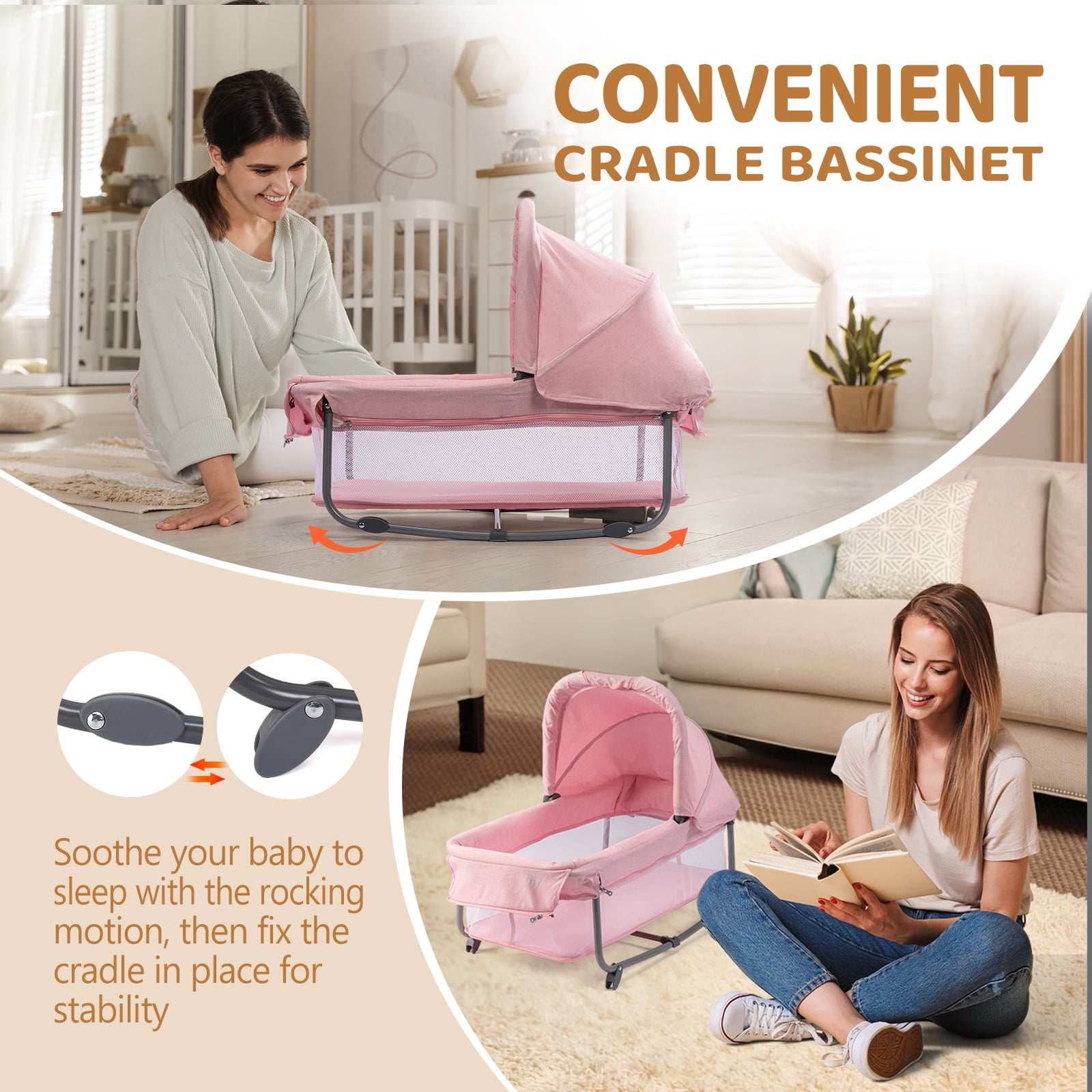 JOYMOR Twin Bassinet for Baby, Double Bassinet for Twins, Pink Bassinet for Girl Infant