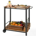 thumbnail image 2 of Outsunny Acacia Wood Outdoor Bar Cart with Wheels, Rolling 2-Tier Coffee & Drink Cart with 3 Bottle Holders, Outdoor Serving Cart for Patio, Teak, 2 of 9