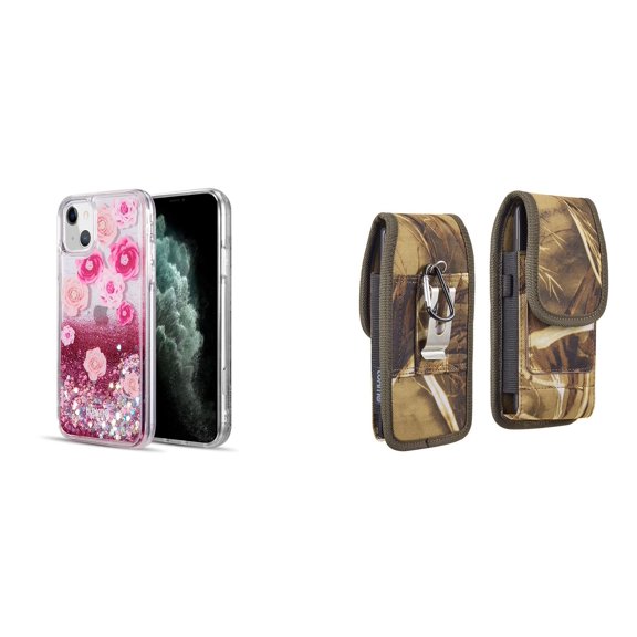 Liquid Glitter Case for iPhone 14 and Belt Holster Pouch (Pink Flowers/Camo)