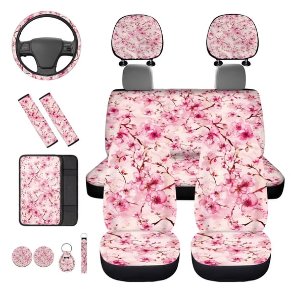 KUIFORTI Cherry Blossom Car Seat Covers Full Set Set 14 Pcs with Car Headrest Covers Cars Steering Wheel Cover Auto Seats Belt Cover Wristlet Keychain for Cars Sedans and SUVs
