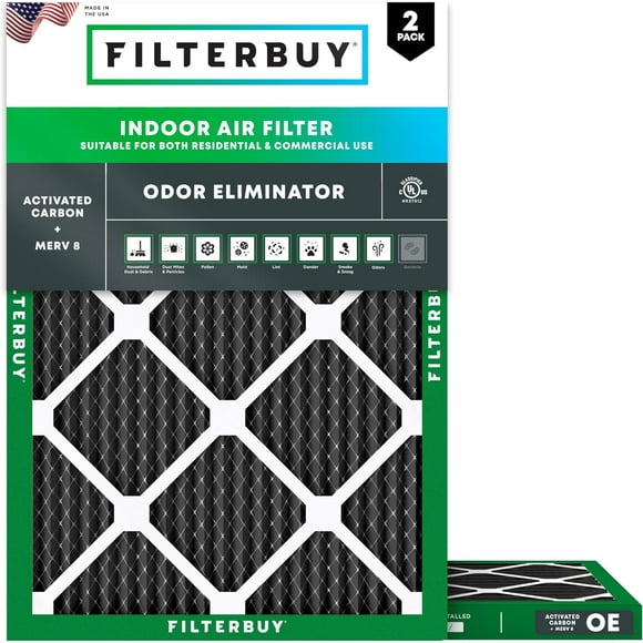 Filterbuy 16x20x1 MERV 8 (MPR 600) Éliminateur d'Odeurs, Filtres à Air Plissés pour CVCA/climatiseur de Four (Lot de 2)