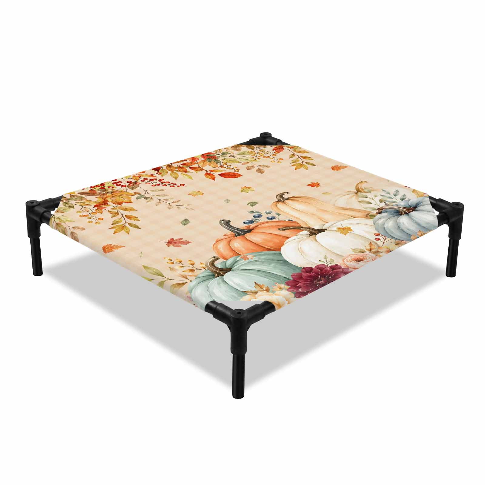 Thanksgiving Pumpkins Elevated Dog Bed Fall Harvest Orange Teal Maple Leaves Flower Plaid Cooling Breathable Outdoor Raised Dog Cot Bed with Metal Frame Non-Slip Feet for Small Dog 20x20in