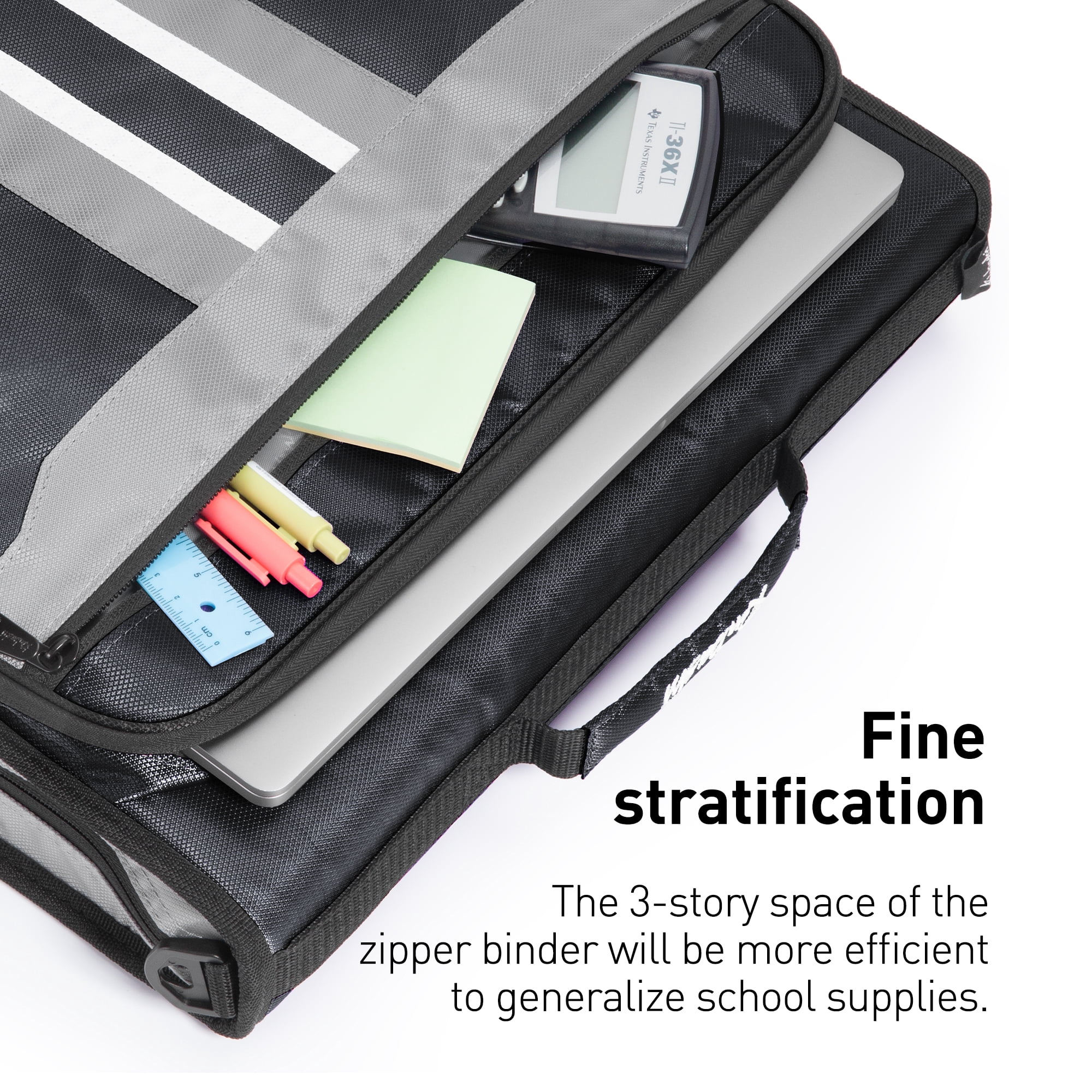 Kinbashi 2-Inch 3 Rings Zipper Binder, Holds 15-Inch Laptop, Handle and Shoulder Strap Included, Black