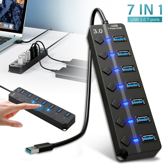 USB Hub 3.0 – 7-Port USB 3.0 Hub with Individual On/Off Switches and Lights – High-Speed Multi USB Port Hub Extender for MacBook, Laptop, Surface Pro, Mac, PC