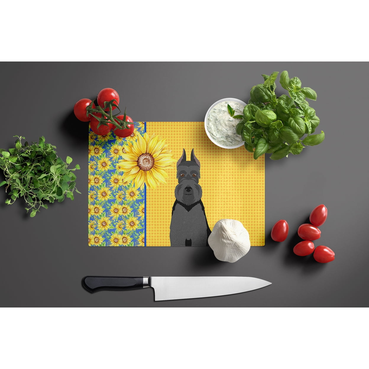 Summer Sunflowers Black Schnauzer Glass Cutting Board Large 12 in x 15 in