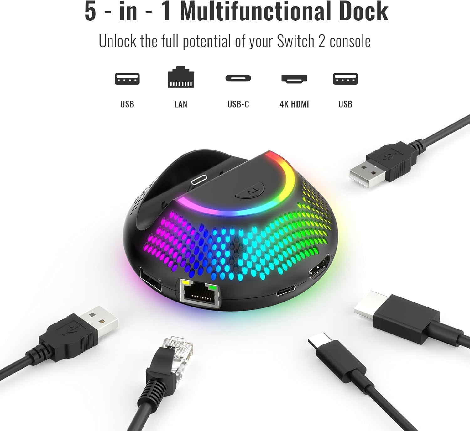 Portable TV Docking Station for Switch 2, with RGB Lighting - Support 1000Mbps Ethernet LAN Port/4K HDMI Output/2 USB Port/with RGB Lighting(Black)