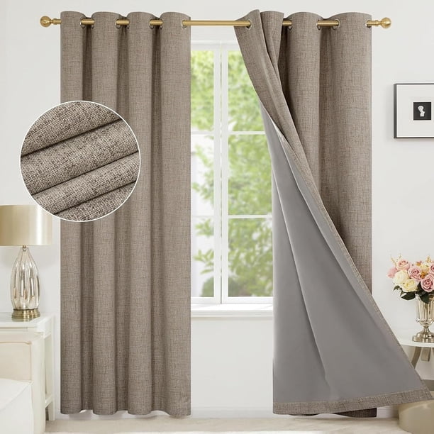 Cortinas Lino Blackout para Recámaras con Aislamiento - Reducción Ruido, Suave de Cortinas, Tela Impermeable, 2 Paneles con Agujeros Ojales, 132x241cm, Para Sala de Estar/Comedor/Terraza de Jardín