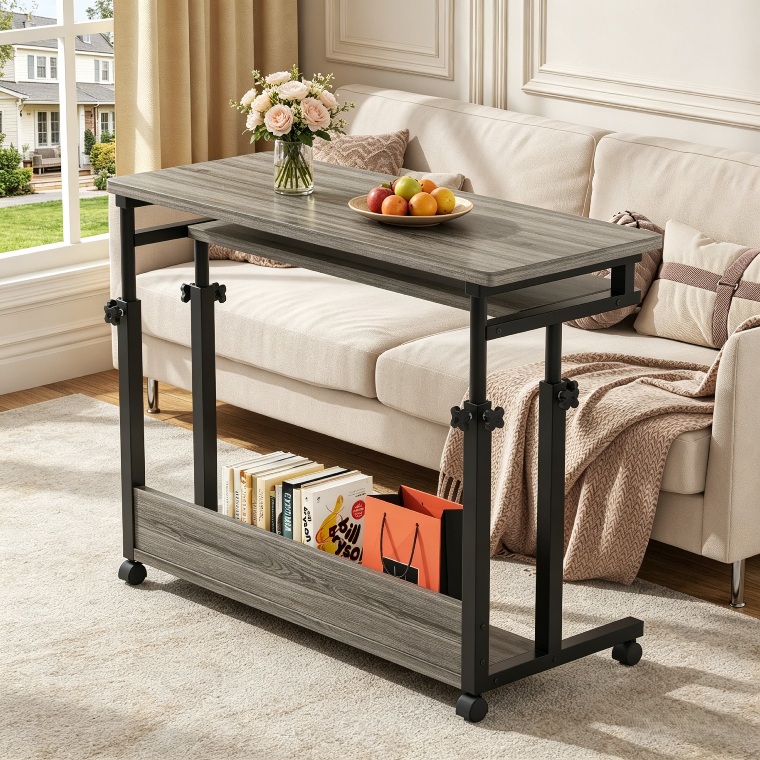 Fnova Height-Adjustable Desk with Wheels, Rolling Computer Cart with Keyboard Tray, Portable Laptop Small Standing Desk for Sofa, Bed, Home Office