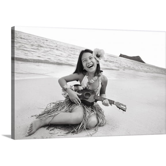 Great BIG Canvas | "Hawaii, Oahu, Young Girl Smiling And Playing Ukulele On The Beach In A Hula Skirt" Canvas Wall Art - 48x32