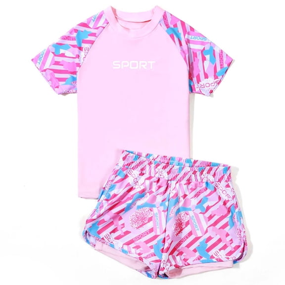 CUZIBR Girls Two Piece Swimwear Set Floral Print Color Block Short Sleeve Crewneck Top Shirts And Shorts Summer Beach Pool Outfits Rashguard Bathing Suit Rash Guard Clothes Set,Pink,8-9 Years
