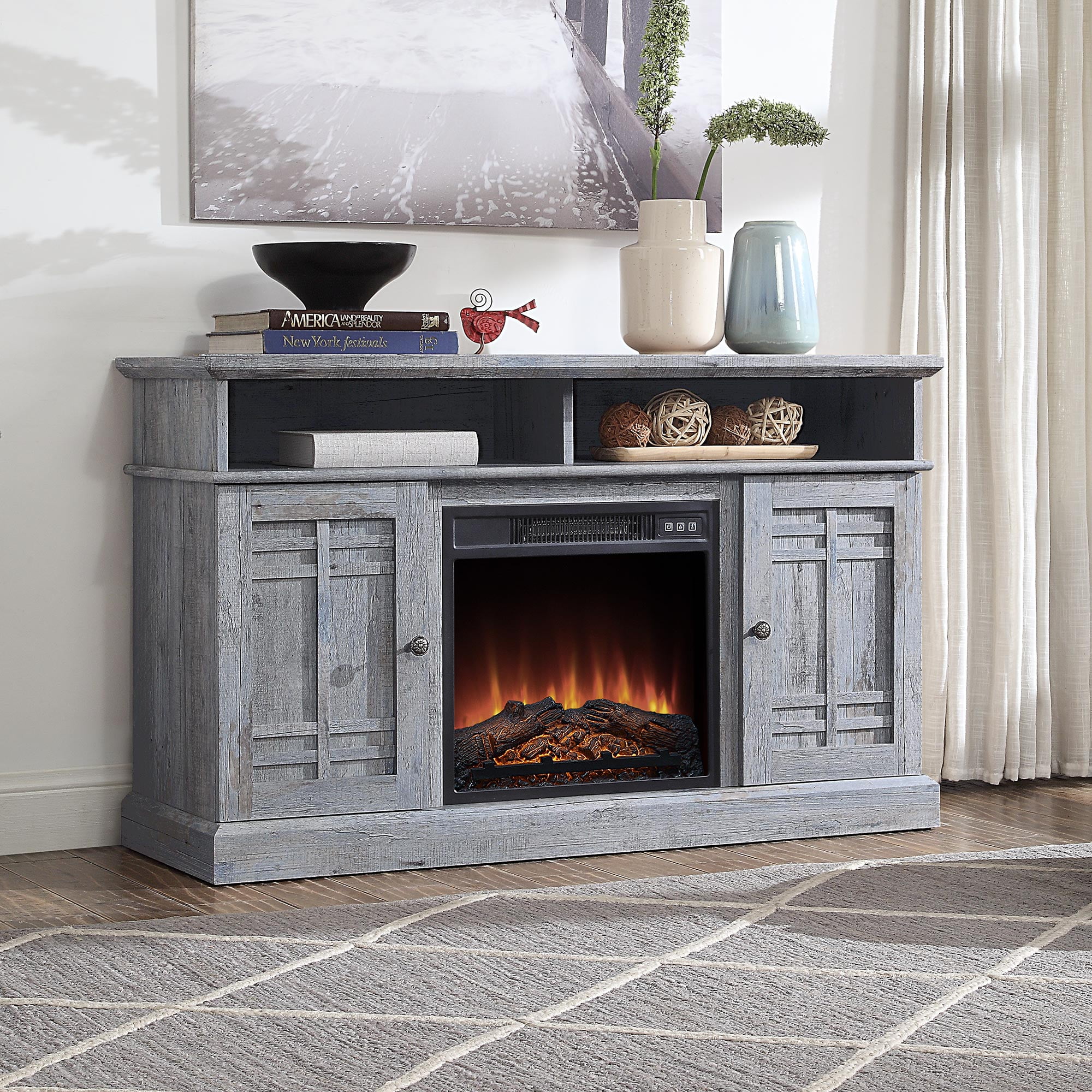 BELLEZE Fireplace TV Stand Entertainment Center Norrell (Light Gray)