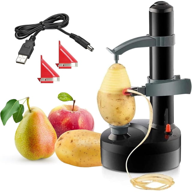 (Negro) Pelador eléctrico multifunción, pelador automático giratorio de manzanas y patatas, cortador de verduras, herramienta para pelar