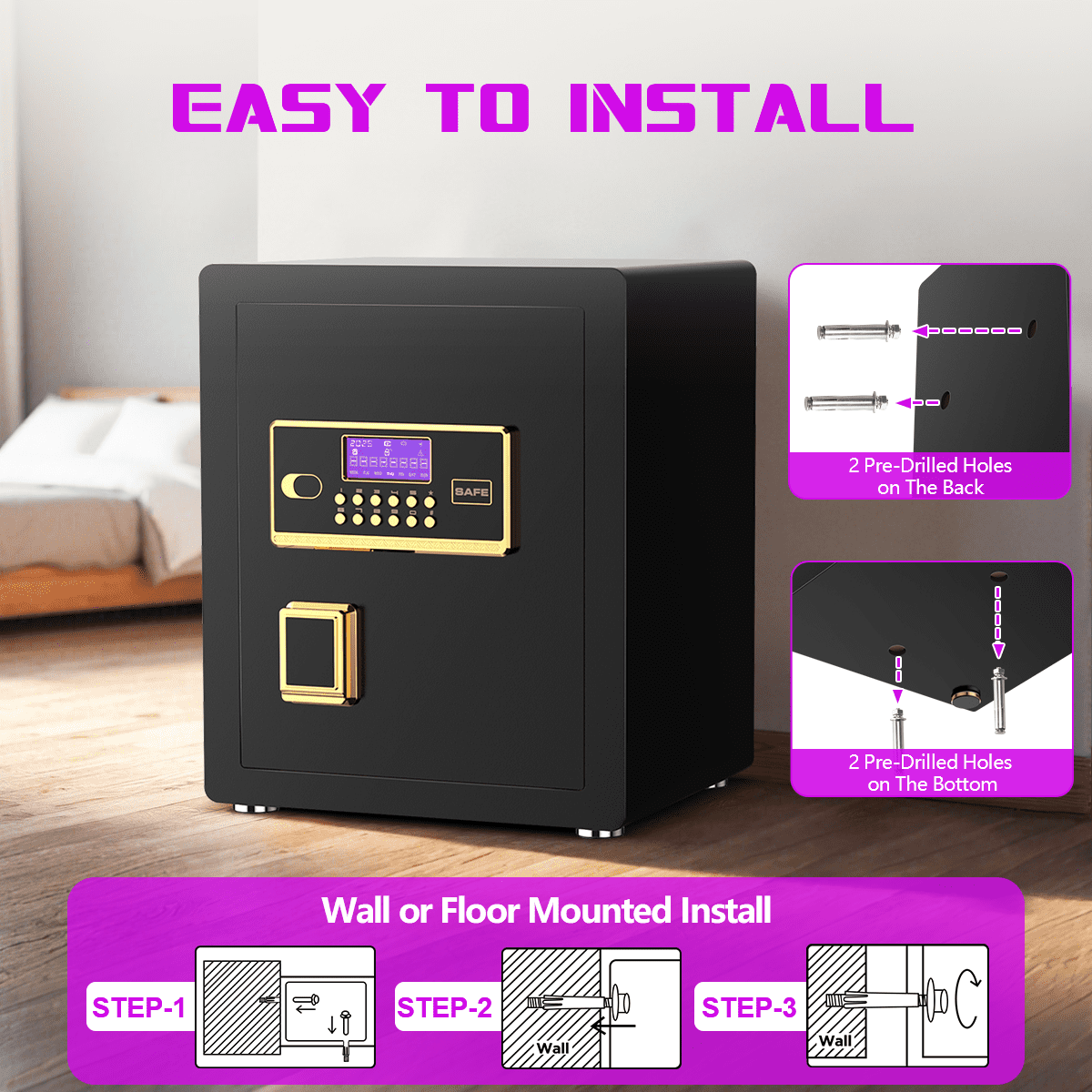 BESAFETY 3.0 Cuft Large Security Safe Box, Digital Keypad Lock, Built-in Alarm System & Fireproof Bag, Home & Office Safe for Cash, Valuables (Black)