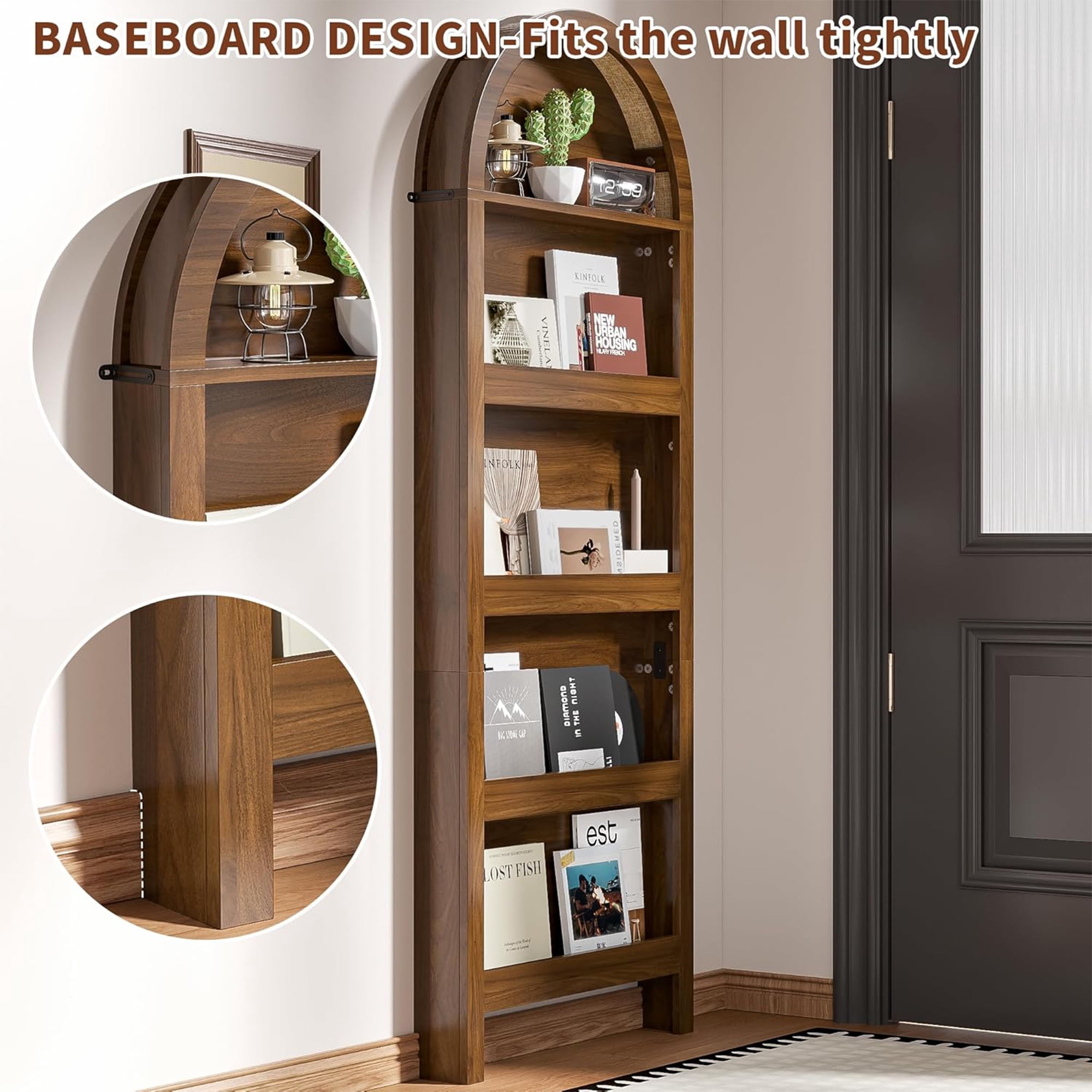 Arched Behind The Door Storage Narrow 5- Tier Open Display Bookshelf Wall Mount Display Rack for Living Room Bedroom