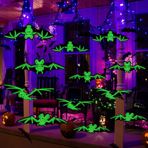 Deago 12 Pcs Glowing Hanging Bats Halloween Decorations Outdoor, 3D Plastic Flying Bats with Realistic Scary Glowing Skeleton Bats Sticker for Porch, Lawn