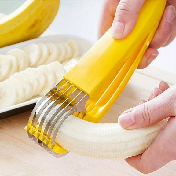 New 1pc Stainless Steel Hot Dog & Banana Slicer - Multi-Fruit Cutter with Yellow Handle, Kitchen Gadget for Even Sausage and Fruit Slice