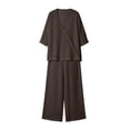 thumbnail image 4 of Chbgutlmr Womens 2 Piece Sets Cotton Linen Outfits Long Sleeve Deep V Neck Button down Shirts Straight Leg Pants Casual Loose Summer Plain Set, 4 of 5