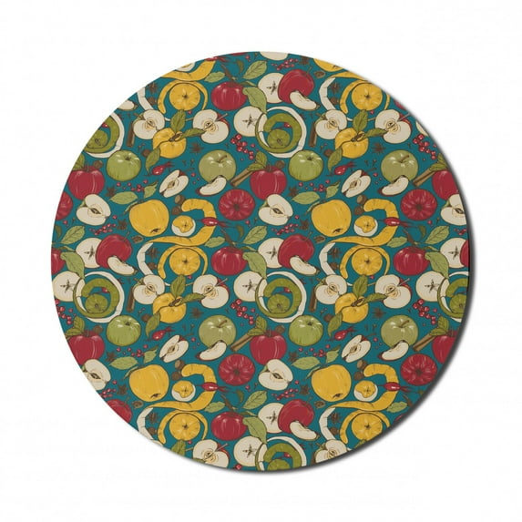 Fruit Mouse Pad for Computers, Botanical Illustration of Sliced and Whole Apples Spices Berries, Round Non-Slip Thick Rubber Modern Gaming Mousepad, 8" Round, Petrol Blue and Multicolor, by Ambesonne