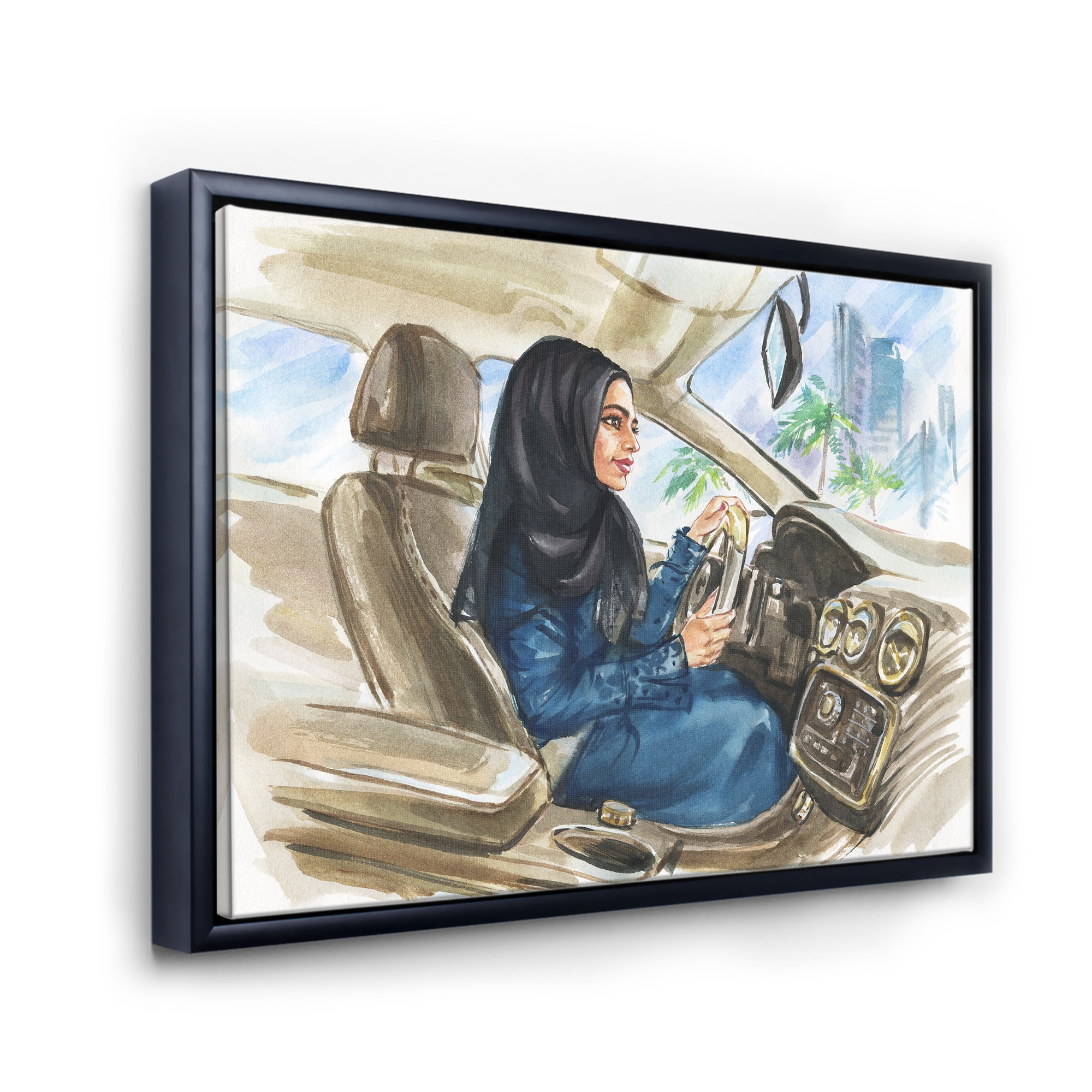 Designart 'Arabian Lady Driving A Car I' Modern Framed Canvas Wall Art Print