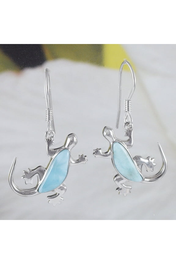 Unique Hawaiian Large Genuine Larimar Gecko Earring, Sterling Silver Larimar Gecko Dangle Earring, E8480 Birthday Mom Wife Valentine Gift
