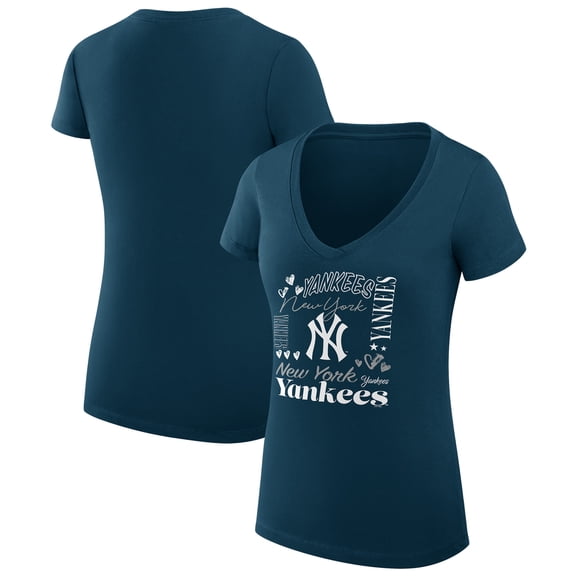 Women's G-III 4Her by Carl Banks Navy New York Yankees Collage Team Graphic V-Neck Fitted T-Shirt