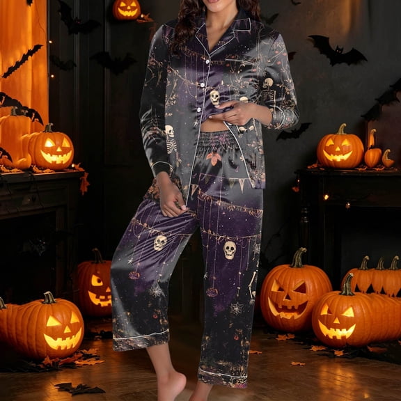 Womens Halloween Pajamas Themed Nightwear Set Long Sleeve Top with Pants Cozy Home Comfort Womens Pjs Sets White XXL