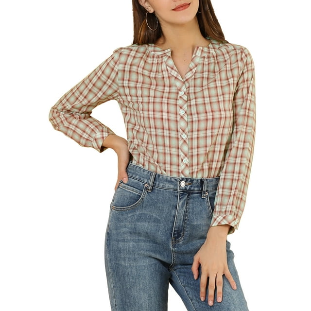 Unique Bargains Blouse Ample à Carreaux pour Femmes, Col Fendu, Manches Longues