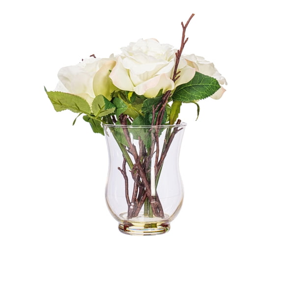 Vickerman 10" Artificial White Rose In Glass Vase.