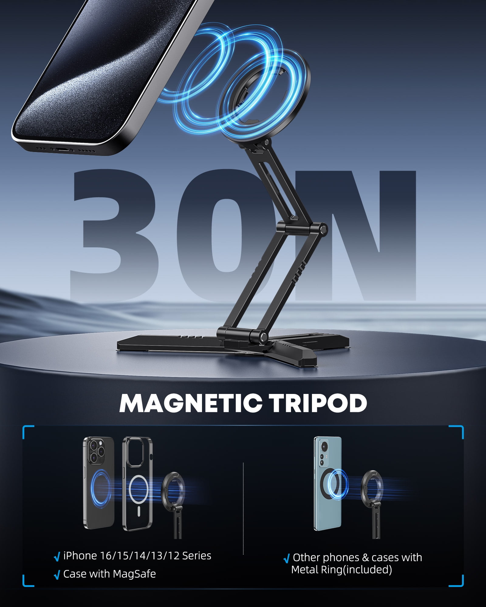 CAMOLO Magnetic Pocket Phone Tripod Foldable Compatible with Magsafe iPhone 16/15/14/13/12 Plus Pro Max Series, MG03 PRO Aluminium Smartphone Mini Tripod Cell Phone Stand Magnet Quick Mount
