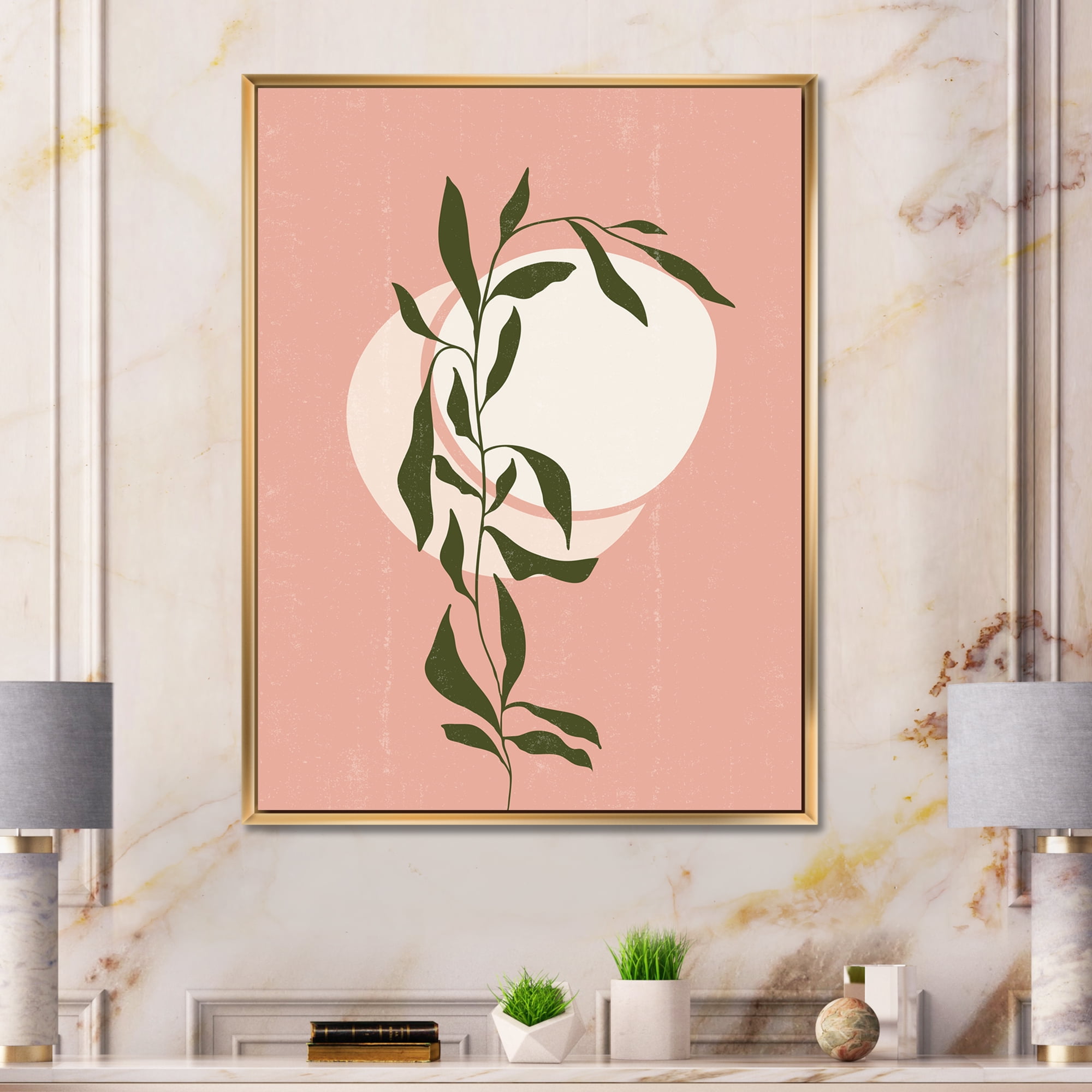 Designart 'Abstract Geometrical Moon and Sun With Leaf VI' Modern Framed Canvas Wall Art Print