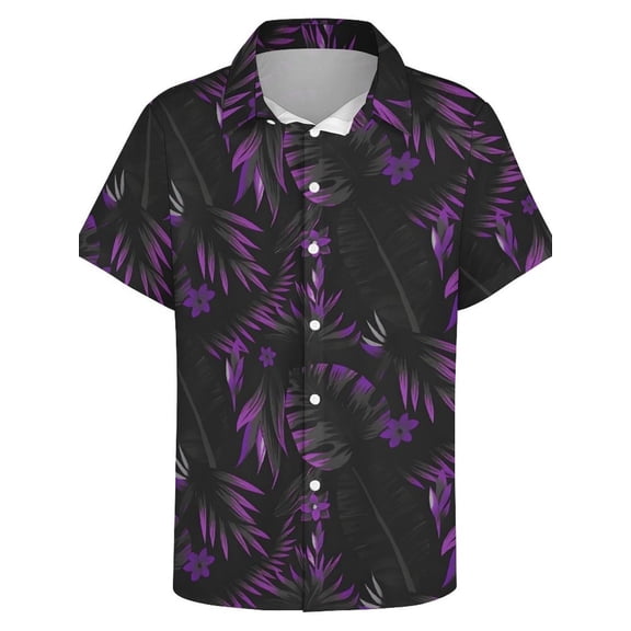 Men's Purple Tropical Floral Graffiti Shirt - Lightweight Button-Down Summer Shirt, Bold Hawaiian Patterns in Black & Purple - Non-Stretch Fabric for Casual & Vacation Wear - Machine Washable, Regula