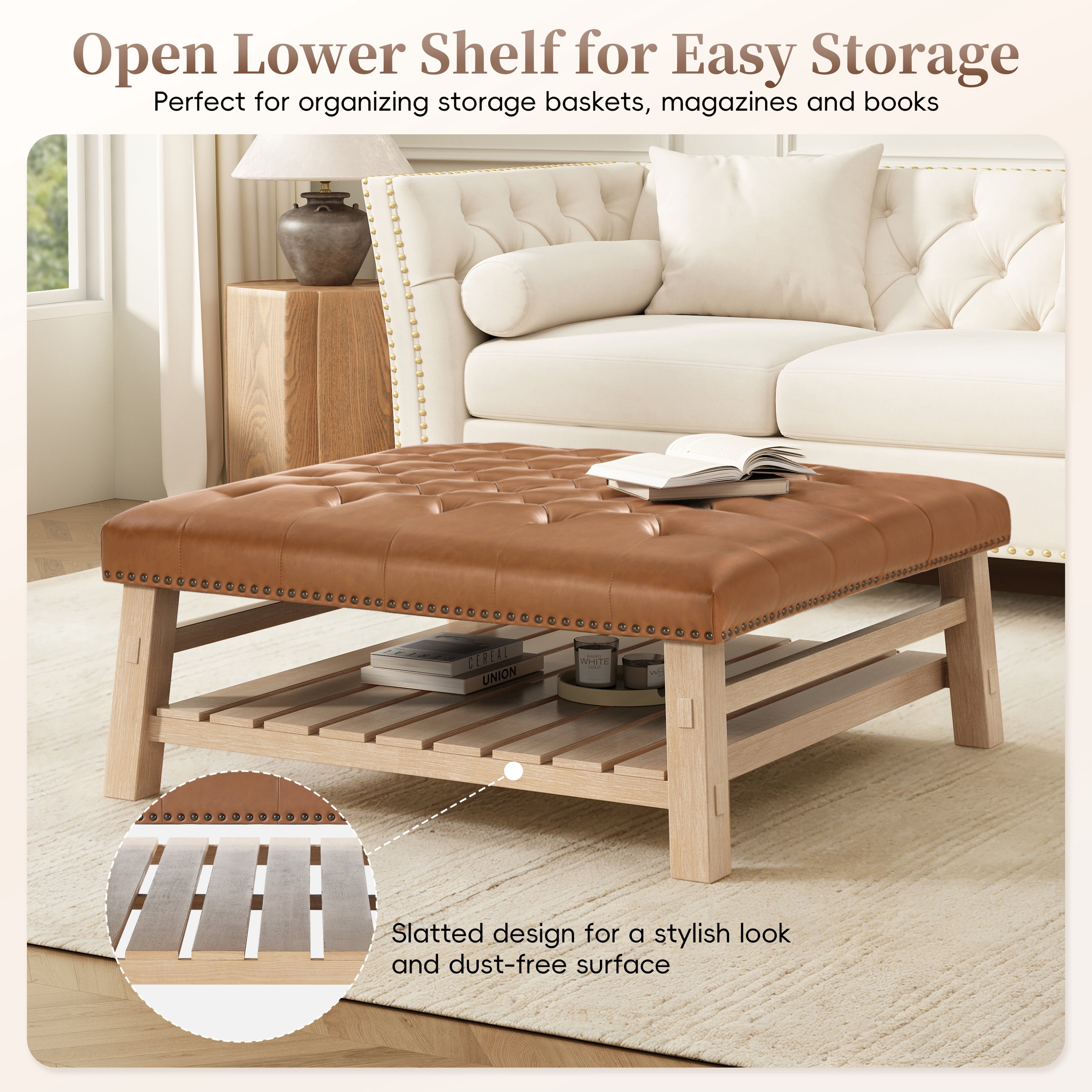 GARITIN Tufted Square Ottoman 41.5 Inch, Large Upholstered Footstool Coffee Table with Slatted Storage Shelf and Nailhead Trim, Brown