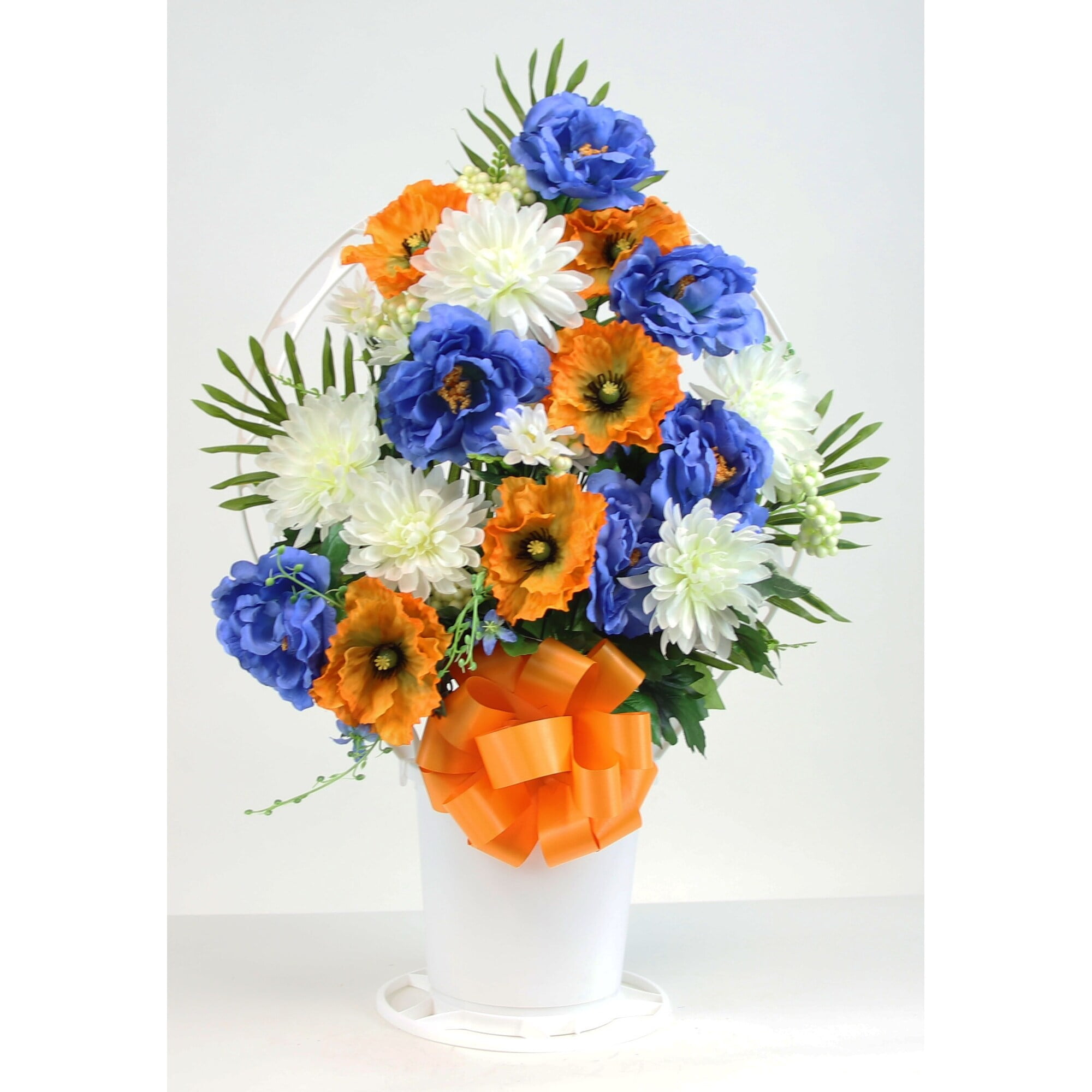 Memorial Rose Poppy & Mum Mix Arrangement in Large, White Cemetery Hoop Basket with Handle - N/A Red, Yellow, White