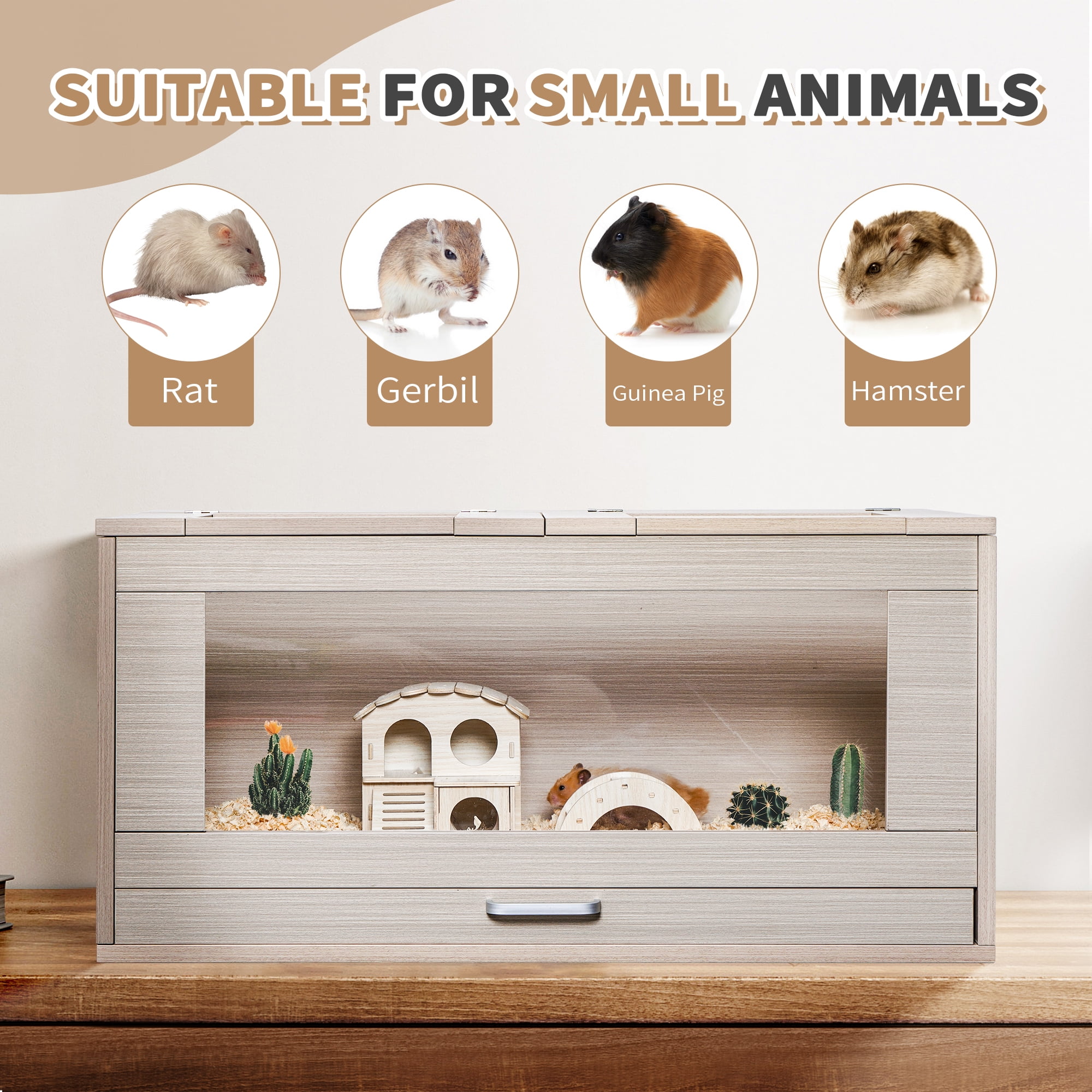 Witaxima Guinea Pig Cage with Storage Cabinet, 31.5" L x 15.75" W x 32.28" H Wooden Hamster Cage for Rat Chinchilla, Openable Top with Acrylic Sheets, Natural Wood