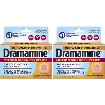 Dramamine Motion Sickness Relief Dual Action, Orange Flavor, 8ct, 2-Pack