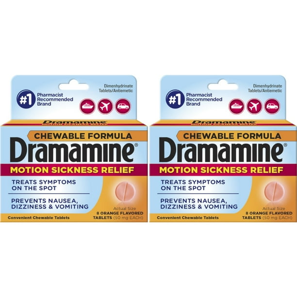2 Pack Dramamine Motion Sickness Relief, Chewable Tablets Orange Flavor