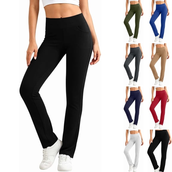 WULMLEO Women's Flare Yoga Leggings Soft Stretch High Waist Pants Side Pockets For Gym Jogging And Casual Street Clothes Black S