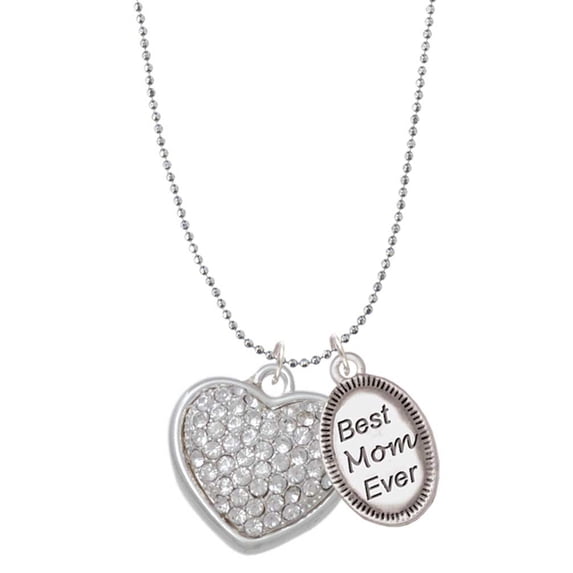 Delight Jewelry Silvertone Large Rounded Clear Oktant Crystal Heart Best Mom Ever Charm Necklace