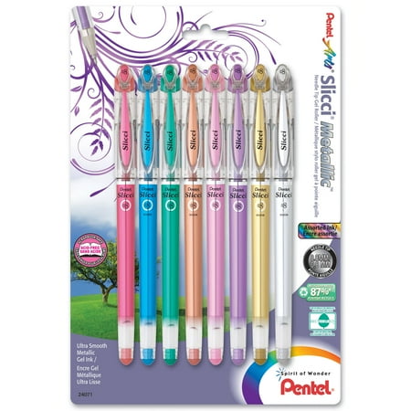 Pentel Arts Slicci METALLIC (0.8mm) Needle Tip Med Gel Pen, Assorted Metallic Ink, 8-Pack