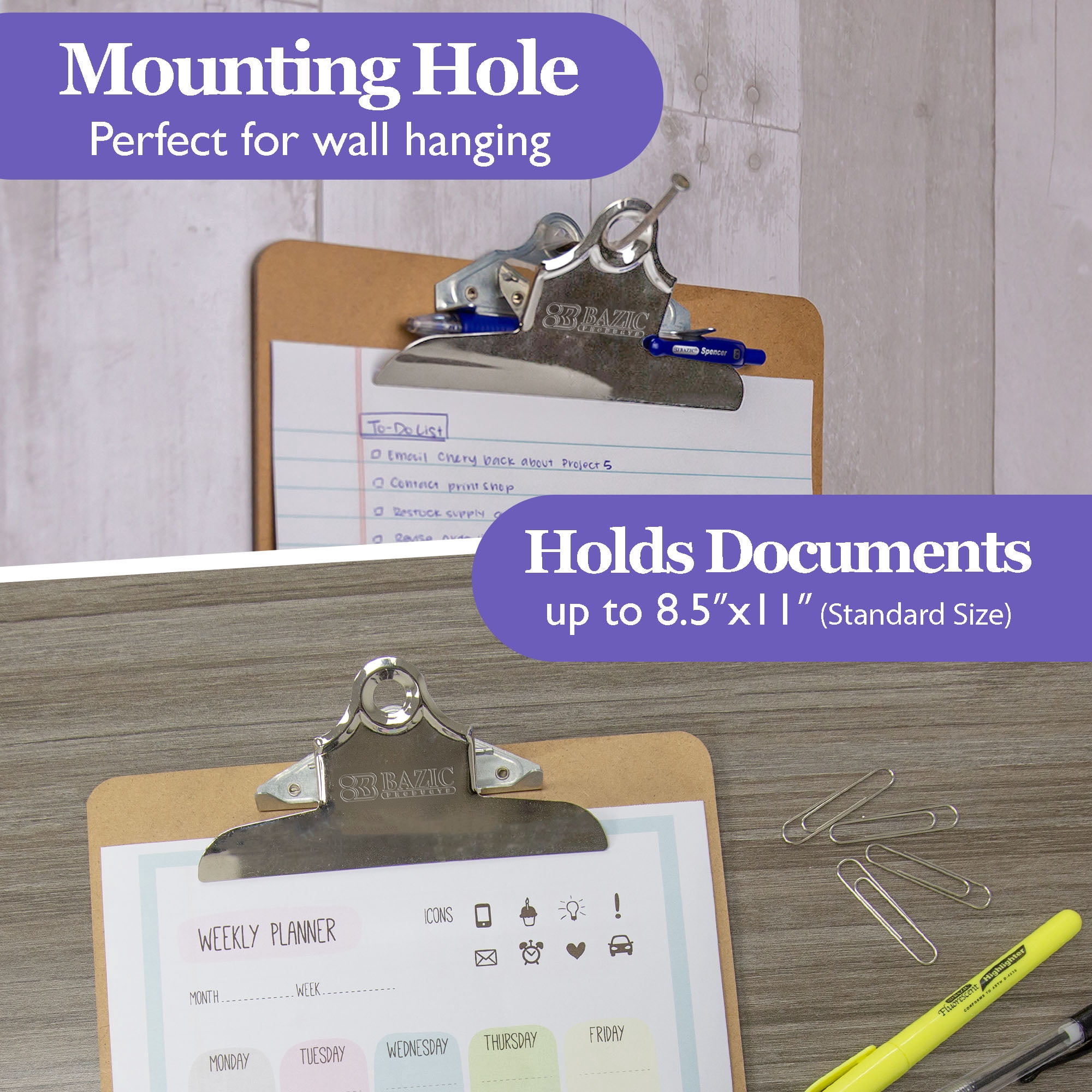 BAZIC Wood Clipboard 12.5" x 9" Sturdy Spring Clip Hardboard, 4-Pack