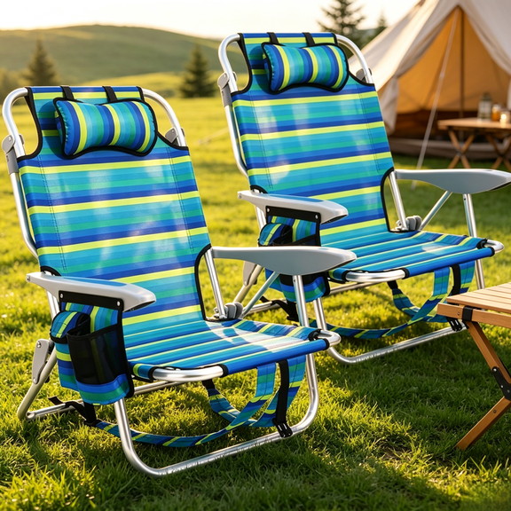 Nalwort 2 Pack Camping Chairs , Beach Chairs for Adults, 5 Position Lay Flat Folding Chairs with Headrest Cup Holder, Blue Stripes