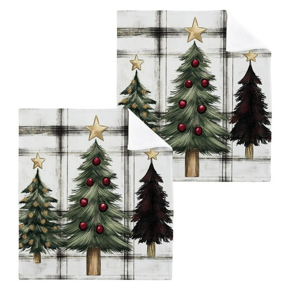 Wobogo Christmas Trees on A White and Black Plaid Pattern Square Cotton Towel Set of 2 Soft and Skin-friendly with Good Absorbency 12×12in