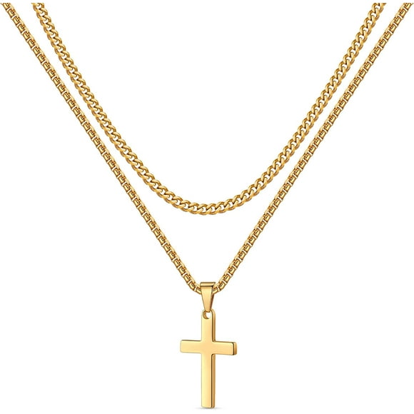 FrostHike Stainless Steel Cross Necklaces for Men Cuban Link Chain Box Chain Black Silver Gold Layered Cross Pendant Necklace for Men Boys Women 16-26 Inches