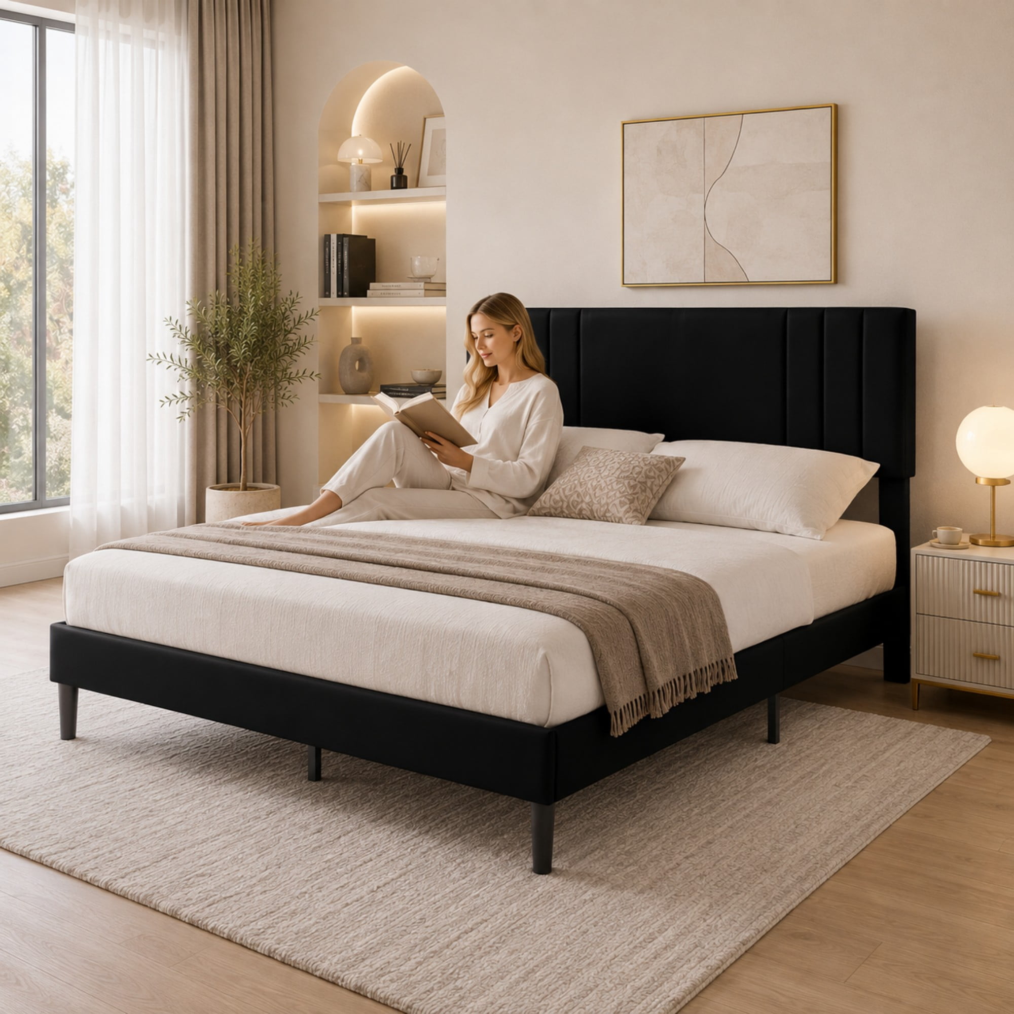 BSHTI Queen Size Faux Leather Upholstered Platform Bed Frame with Adjustable Headboard, Wood Slats, No Box Spring Needed for Bedroom（Black）