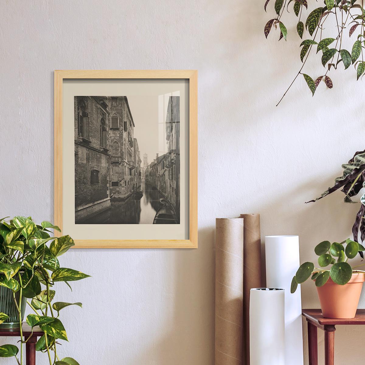 Vintage Views of Venice V - Framed Print w/glass - Natural Wood